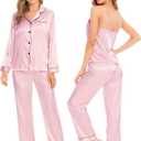 SWOMOG Women Satin Pajamas 4pcs Pajama Set Sexy Cami Shorts Set and Button Down Long Sleeve Pjs Loungewear Sleepwear (Pink, XXL)