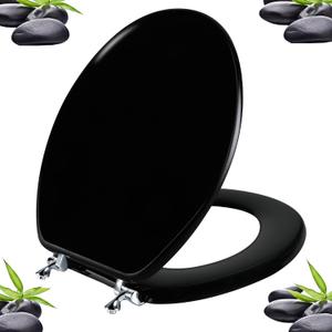Black Round Toilet Seat Natural Wood Toilet Seat with Zinc Alloy Hinges, Easy to Install also Easy to Clean, Scratch Resistant Toilet Seat by Angol Shiold (Round, Black)