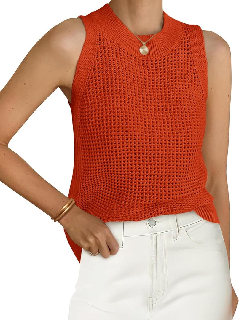 PRETTYGARDEN Summer Crochet Tank Tops for Women 2025 Casual Crewneck Hollow Out Loose Knit Sleeveless Sweater Vest Top Trendy (Large, Rust Red)