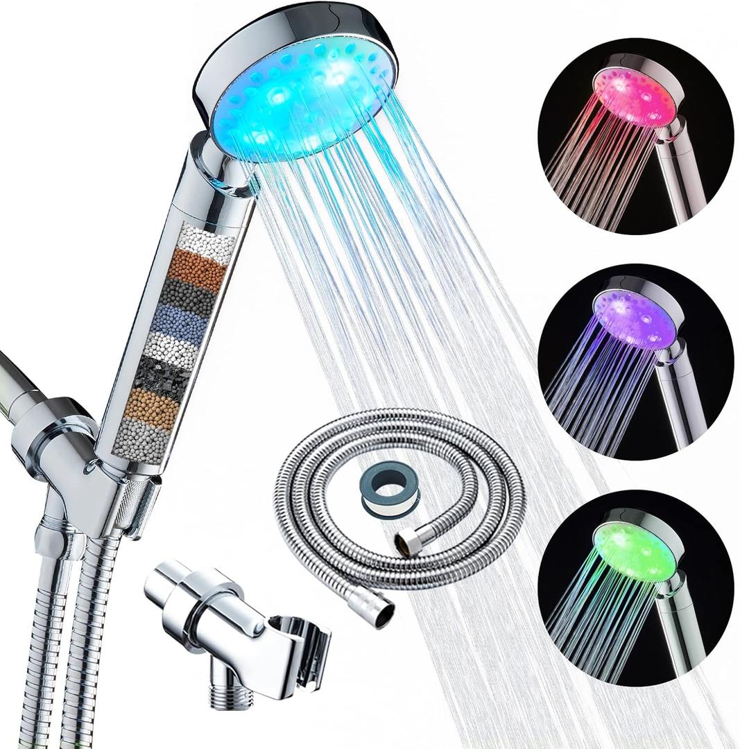 KAIREY Filtered Led Shower Head for Hard Water 7 Color Light Change Automatically Handheld Showerhead Polished Chrome with 60 Inches Stainless Steel Hose and Adjustable Bracket Filter Shower Head