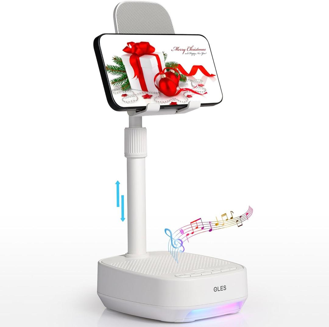 OLES Gifts for Men Women, Adjustable Cell Phone Stand with Wireless Bluetooth Speaker(7-11''Height), Unique Birthday Gifts for Dad Mom Him, Phone Holder Led Color Light for iPhone/Android/Tablets (White)