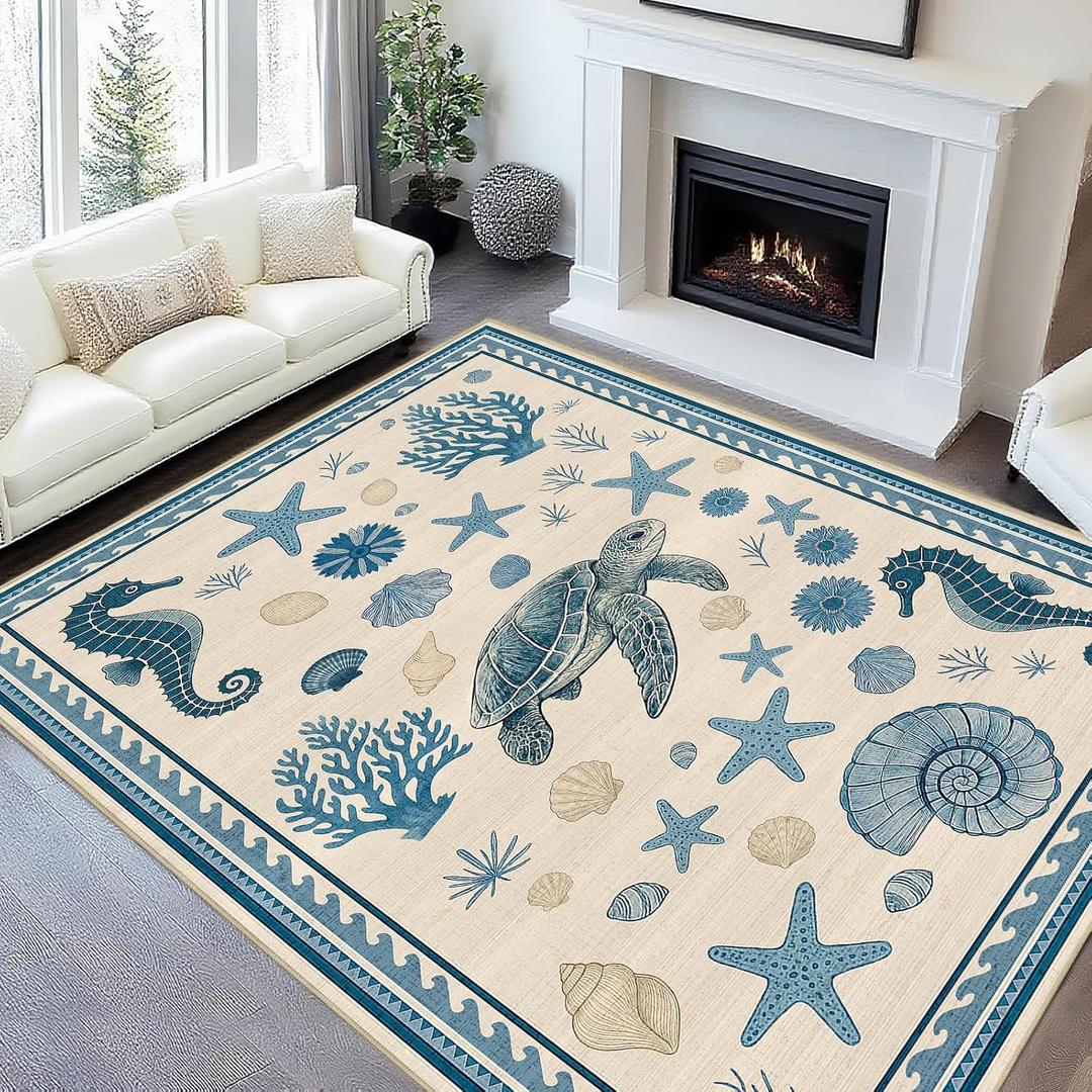 8x10 Area Rug for Living Room Coastal Nautical Rug Machine Washable Sea Turtle Starfish Seashell Coral Rugs Non Slip Low Pile Large Dining Room Indoor Floor Carpet for Bedroom Office,Blue