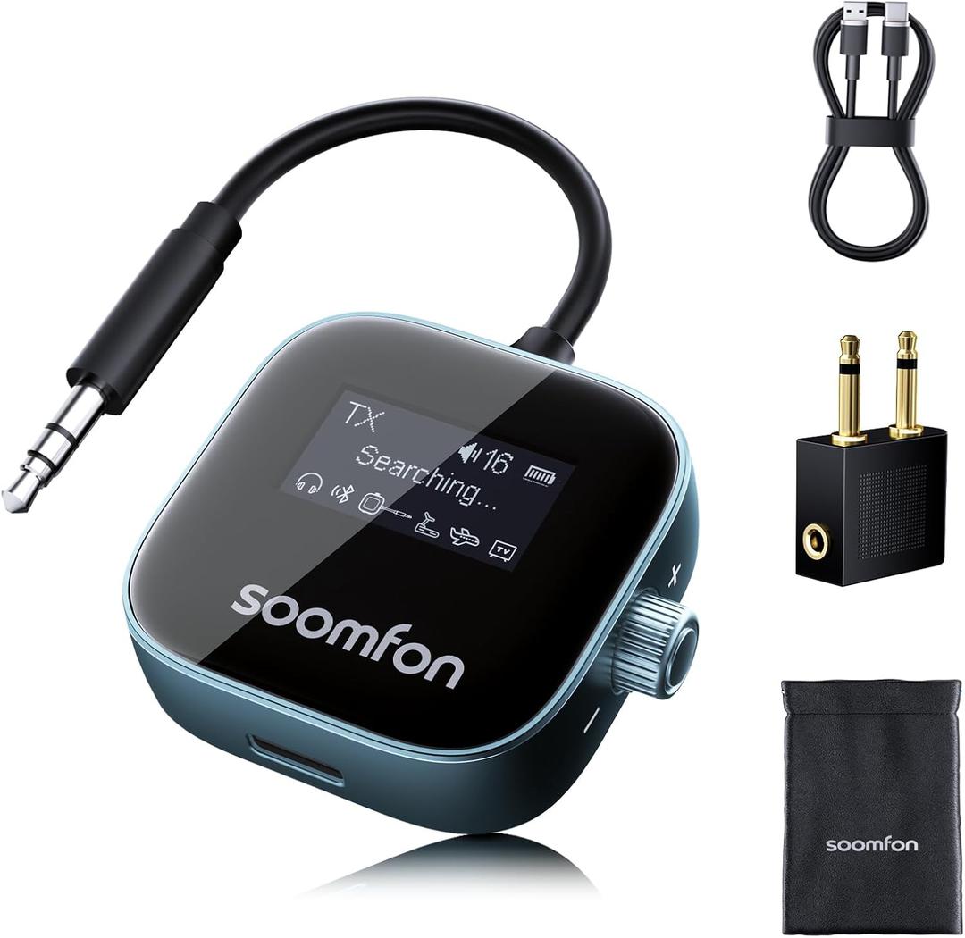 SOOMFON Airplane Bluetooth 5.3 Transmitter for 2 Airpods or Headphones 2-in-1 Airplane Bluetooth Adapter Receiver with LCD Display 3.5mm for Plane Flying Gym Car Home Stereo System