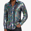 Mens 70s 60s Disco Shirt Metallic Party Costume Long Sleeve Button Down Shirts, Size: L