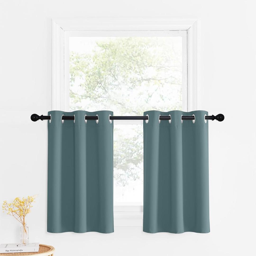 NICETOWN 30 inch Length Curtains Valances - Blackout Thermal Insulating Drapes for Office Bathroom Kitchen Basement Cafe RV Camper Windows Blinds (Greyish Blue, 34 by 30 Inch Long, 2 Pcs)