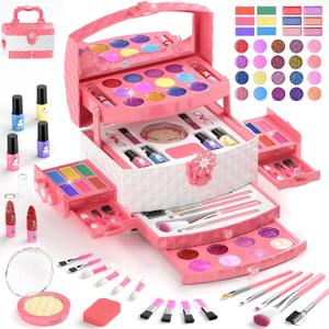 GirlsHome Kids Makeup Set for Girl 56 Pcs Washable Real Cosmetic, Non-Toxic Frozen Toys Toddler Makeup Kit, Frozen Princess Dress up Kit Christmas & Birthday Girl Gift for 3-12 (Frozen Pink)