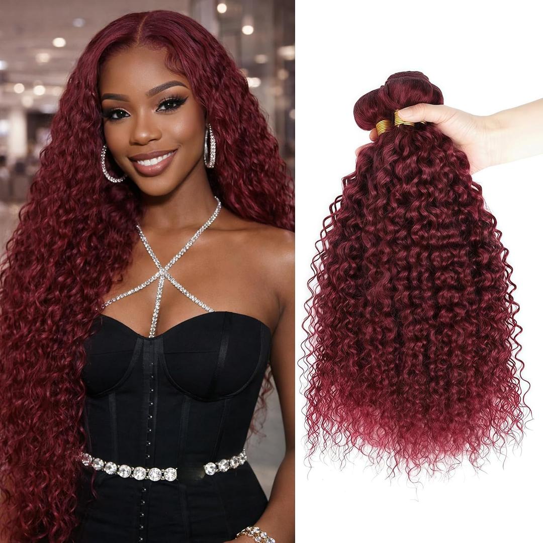 Jerry Curly Human Hair Bundles 99J Burgundy 26 28 30 Inch 12A Brazilian Virgin Remy Hair Extensions 3 Bundles Tight Bouncy Curly Weave for Black Women