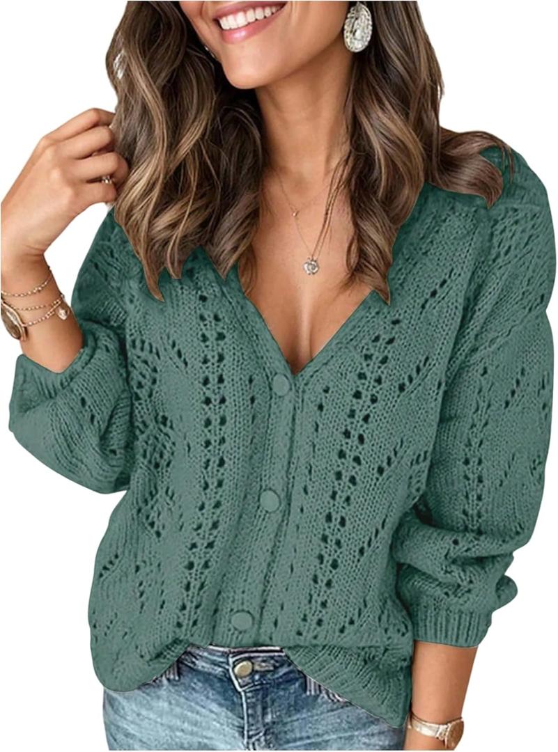 GORGLITTER Women's Crochet Cardigan Lightweight Long Sleeve Button Up Knit Tops Casual Dressy Spring Fashion Clothes (Green, XL)