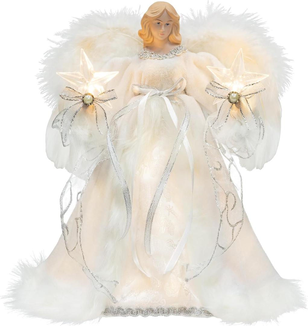 KI Store Lighted Christmas Angel Tree Topper with Timer 12-Inch White Angel Treetop Figurine for Christmas Tree Decoration