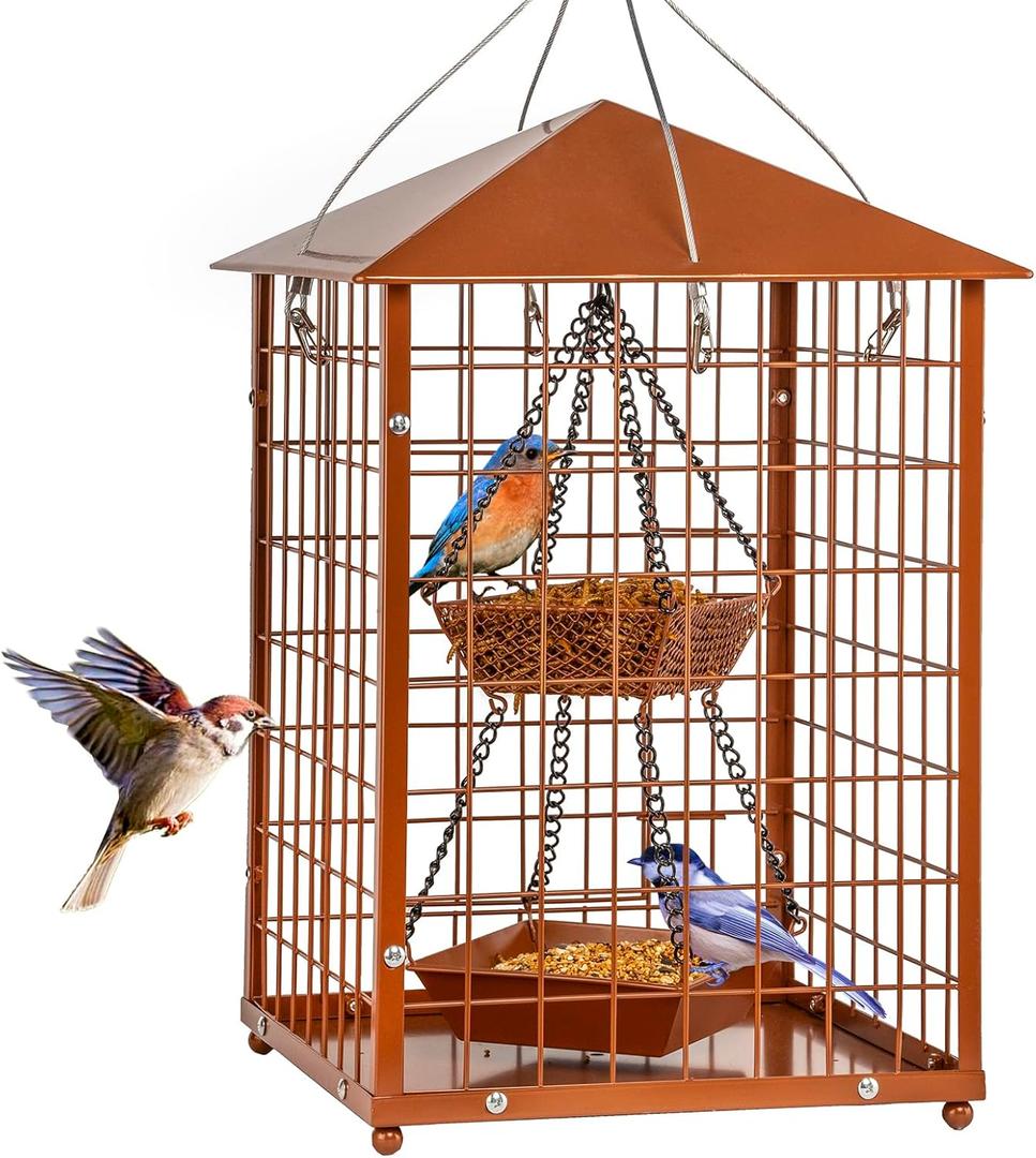 Mealworms Bird Feeders for Bluebirds - Metal - Huge Caged Squirrel-Proof Bird Feeders with 2 Cups, DIY Wild Bird Feeders Outdoor Hanging (Brown), Attract Wild Birds, 2lbs Seed Capacity+1 Mealworms Cup