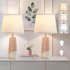 GyroVu 3 Color Temperature Adjustable Table Lamp, Ceramic Lamp Set of 2, Bedside Lamps with Rotary Swtich, Nightstand Lamp for Living Room Bedroom Office, Bulbs Included-Pink