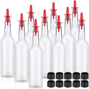 Tioncy 10 Sets 15oz Plastic Liquor Bottles with Pourers Sets 10 Plastic Long Neck Syrup Bottles with Pourer and Caps Reusable Leakproof for Home Party Bar(Red)