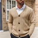 COOFANDY Men's Cardigan Sweater Cable Knit V Neck Button up Sweaters Ribbed Cardigan Sweater with Pockets (Beige, L)