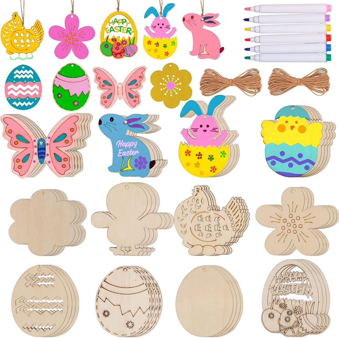 Max Fun 60PCS Wood Cutouts for Crafts Unfinished Ornaments DIY with Bunny to Paint for Kids Party Decorations Decor with Hanging Egg Shapes & Drawing Pen & Hang Cords