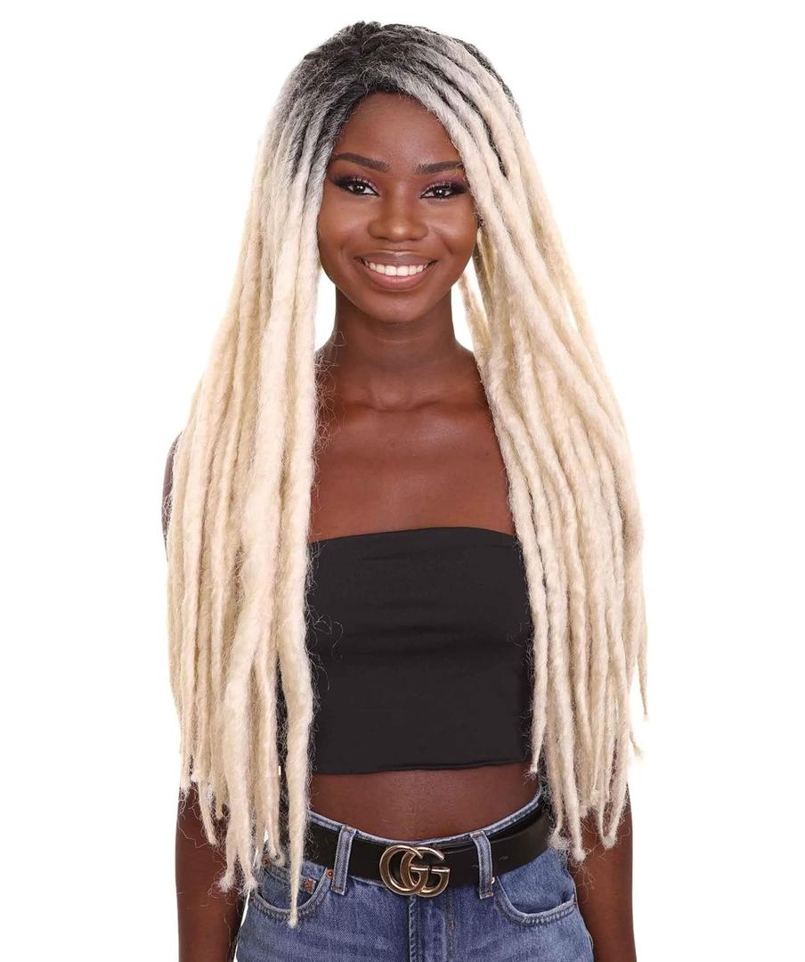 HPO Adult Women's Long Blonde Dreadlock Wigs with Dark Roots, Breathable Capless Cap Design for Comfort, Best for Halloween, Flame-retardant Synthetic Fiber