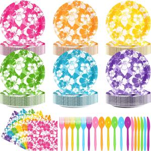 Nitial 240 Pcs Hibiscus Party Plates Napkins Hawaiian Theme Tableware Set for Luau Table Decorations Supplies Tropical Dessert Plates Forks for Aloha Summer Beach Party, Serve 48 Guests