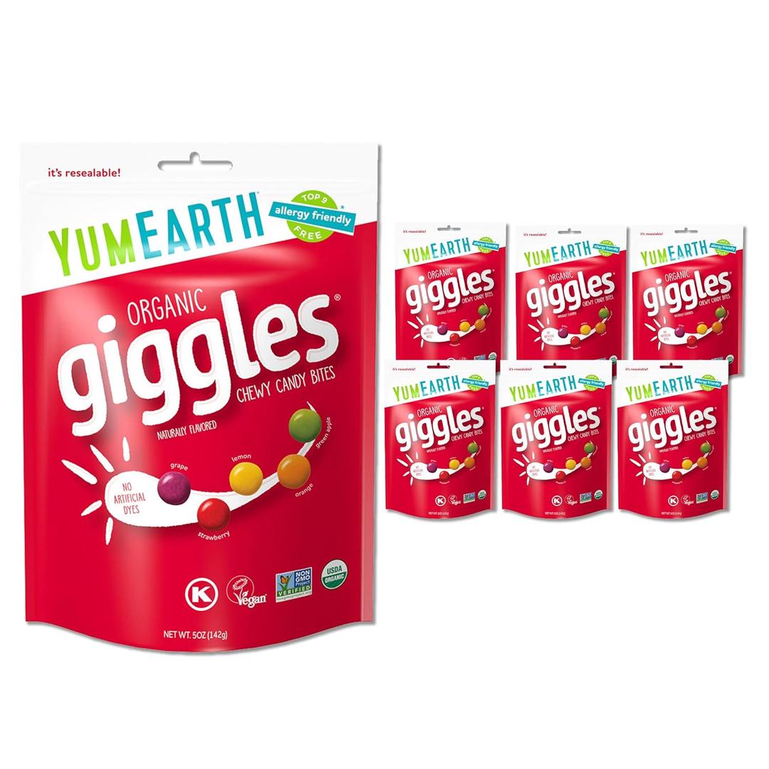 YumEarth Organic Giggles Chewy Candy - Allergy Friendly (Top 9 Free), No Artificial Dyes, Non GMO, Gluten Free, Vegan Candy Snacks - 5 Ounce Bag (Pack of 6) (EXP 10/14/27)