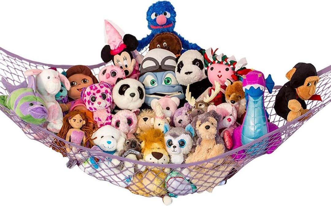 Lilly's Love Large Stuffed Animal Hammock | Corner Hanging Organizer, Stuffed Animal Storage | Easy to Hang Plushie Net w/Included Anchors & Hooks | Cute Room & Bedroom Decor (Pastel Purple)