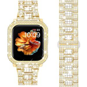 Mosonio Compatible with Bling Apple Watch Band S10 42mm with Shiny Metal Case for Women, Full Sparking Luxury Diamond Bands and Cover Set, Cute Charming Strap for iWatch SE Series 10(Gold, 42mm) 