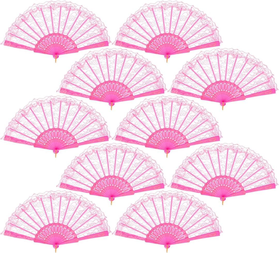 QIRMIZI 10 Pack Lace Handheld Folding Fan - Elegant Silk Fan for Women's Wedding Decoration and Dancing Party - Pink