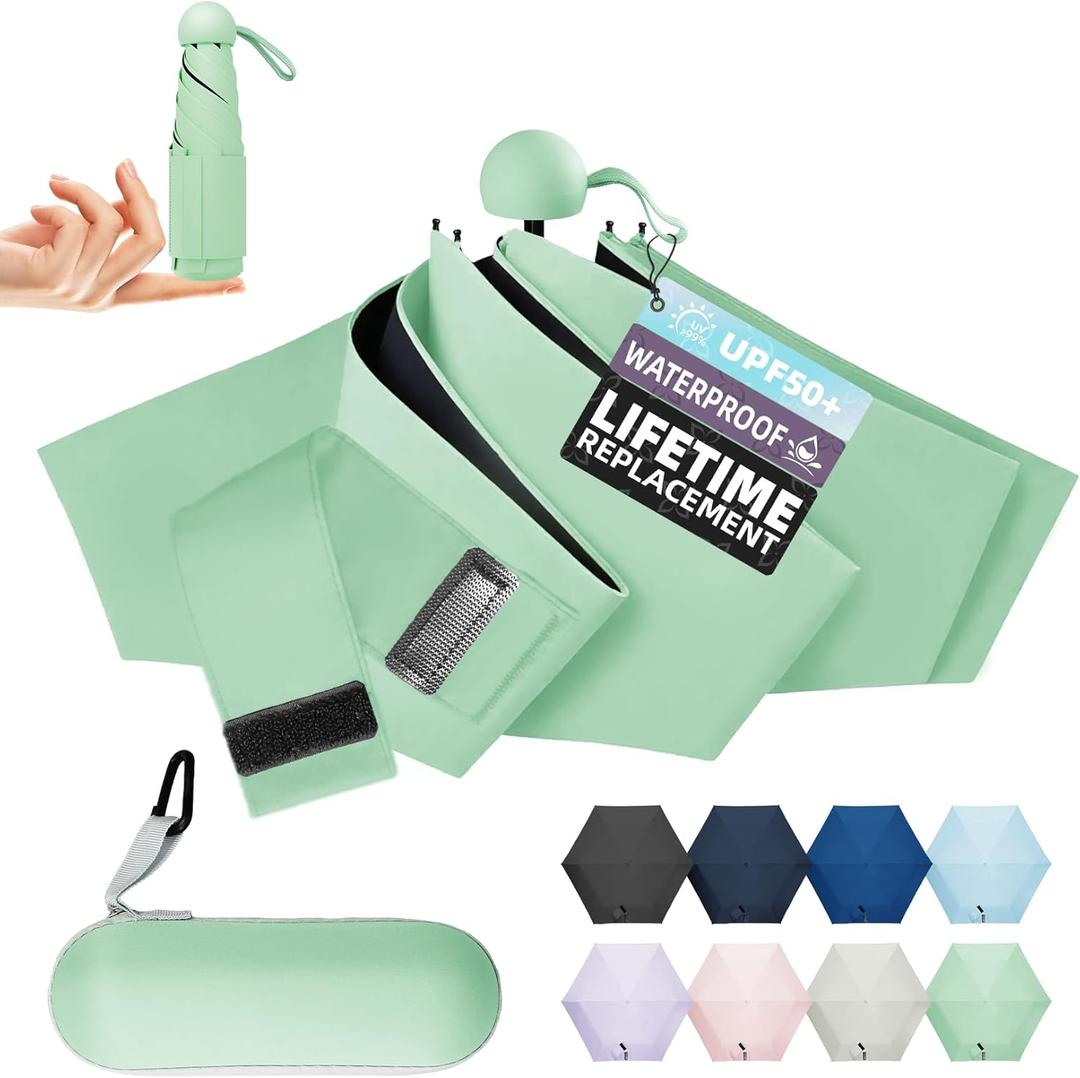 Travel Mini Umbrella Compact Small & Lightweight, UV Rain Protection, Pocket-Sized Folding Umbrellas with Quickdraw & Case for Men Women & Kids Backpack (NEWGreen)