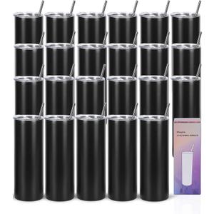 24 Pack 20 Oz Straight Skinny Tumblers,Individually Gift Boxed Stainless Steel Slim Skinny Tumbler Set Bulk, 20 Oz Insulated Slim Thin Travel Tumbler Cup for Diy, Black