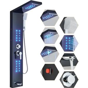 Shower Panel Contemporary Shower Tower with LED Shower Head System Full Body Shower Jets Wall Mounted Shower Panels Stainless Steel Shower Faucet Set Matte Black