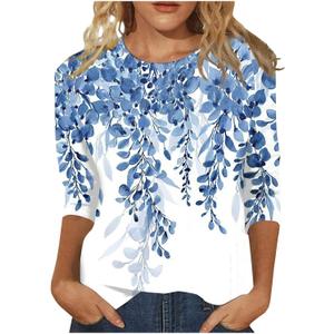 3/4 Length Sleeve Womens Tops - Crew Neck Casual Shirts - Three Quarter Sleeve Petite Tee (Small, 19-navy)