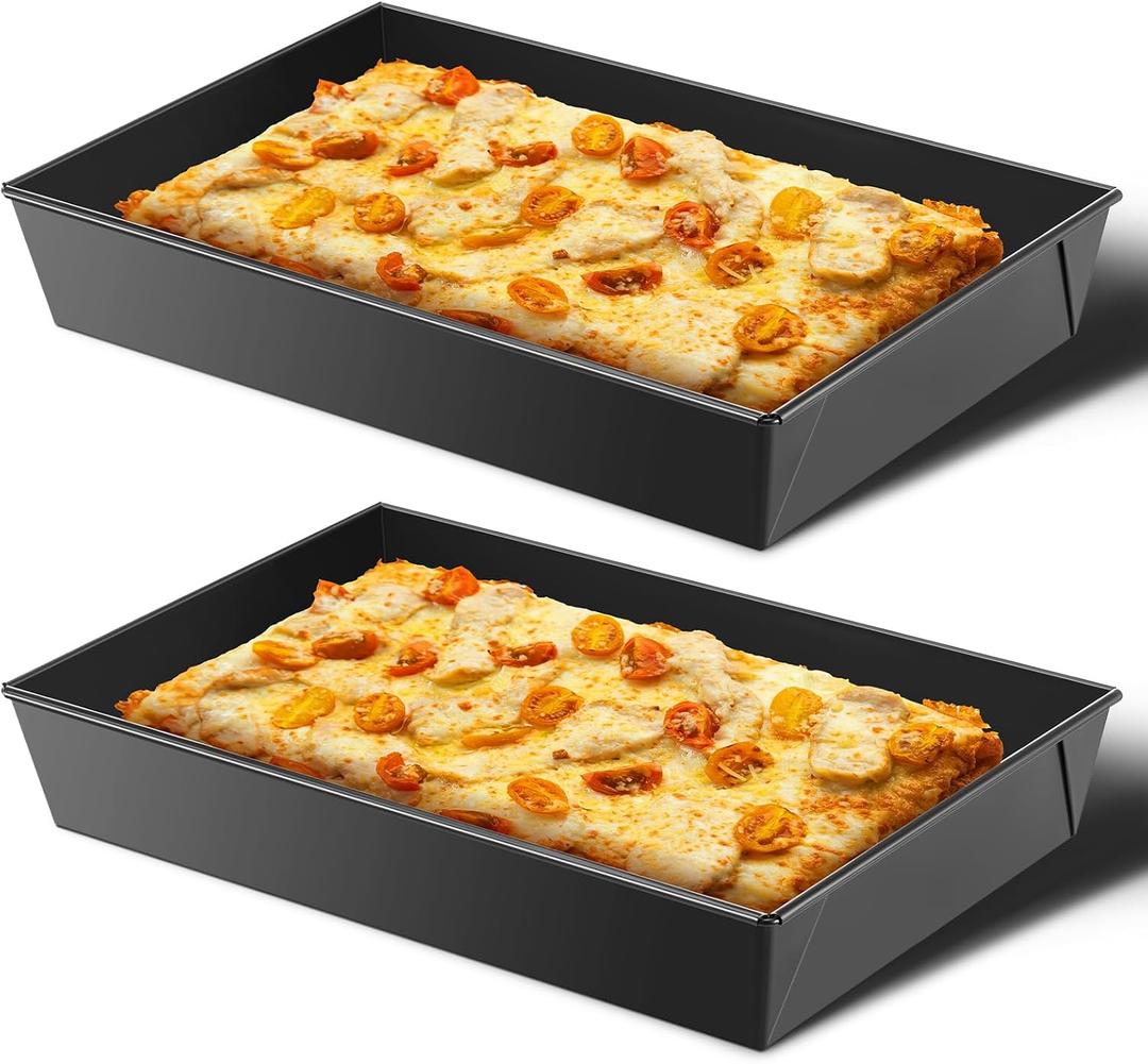 2 Pcs Detroit Style Pizza Pan 10 x 14 x 2.36 Inch Non Stick Rectangle Deep Pizza Pans Pre Seasoned Carbon Steel Sicilian Style Pan Dish Bakeware Kitchenware (Black)