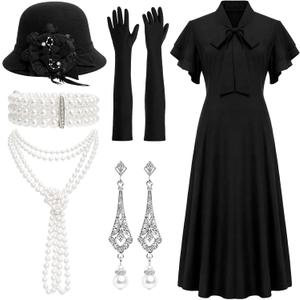 Floraltop 1920s Dresses for Women Vintage Flapper Dress 20s Costumes with Accessories Set Ruffle Cocktail Party Style Dress (M,Vintage,Black)