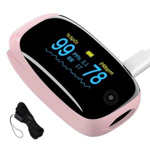 Fingertip Pulse Oximeter with Respiration Rate Monitoring, SpO2, Heart Rate, PI & RR Measurements, Blood Oxygen Rechargeable OLED Display with 6 Modes & 4-Way Rotatable Screen (Pink)