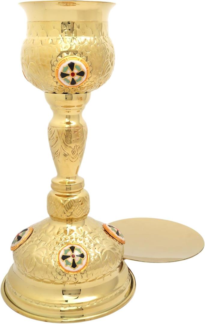 Needzo Solid Brass Chalice and Paten Set, High Polished Communion Goblet and Dish, Catholic Church Supplies, 11 x 5.25 Inches, 5 Diameter Plate