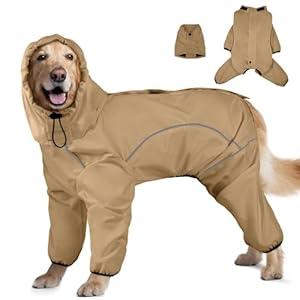 Dog Raincoat, Waterproof Dog Rain Jacket with Removable Hood，Adjustable 4 Legs Pet Poncho with Leash Hole，Reflective Stripe Hooded Snowproof Windproof Clothes for Small to 3X-Large Dogs, 2XL