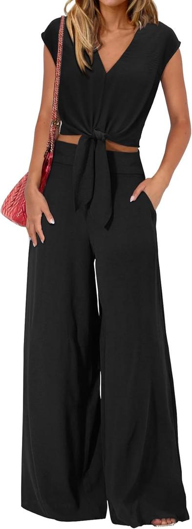 PRETTYGARDEN Women's Summer 2 Piece Outfits 2026 Cap Sleeve V Neck Belted Crop Tops Wide Leg Pant Sets Casual Tracksuit (Black, L)