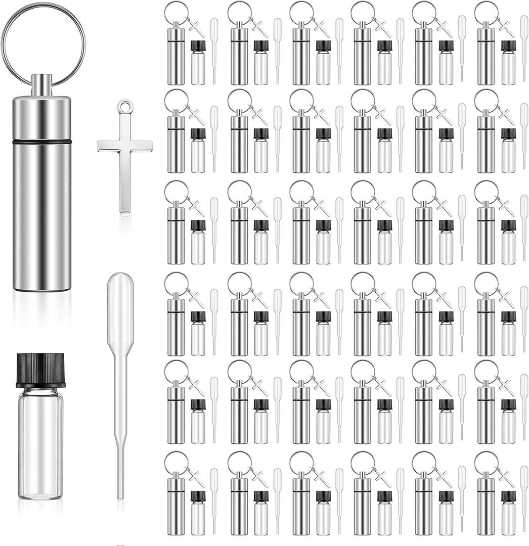 Tandefio 20 Set Holy Water Oil Bottles Anointing Catholic Christian Holy Water Clear Oil Bottles with Eyedropper Anointing Container Keychain Cross Pendant Empty Glass Vial Precision Dropper