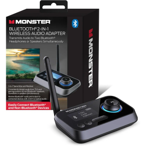 Monster Bluetooth Transmitter & Receiver, 2-in-1 Bluetooth Audio Adapter, Stream to/from NonBluetooth Devices, Stream TV to 2 Headphones, 33 ft Range, Analog & Digital, TV USB Powered, 3.5mm Aux Port