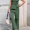 Tankaneo Womens 2 Piece Sets Summer Linen Babydoll Peplum Pleated Tank Top Pants Set Cotton Travel Vacation Outfits (Green)