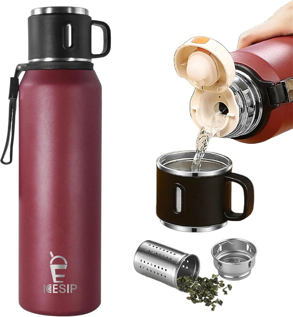 Stainless Steel Insulated Bottle, 50oz with cup Vacuum Insulated Water Bottle, Thermo for Hot Drinks/Cold Drinks,24-Hr Insulation Commute, Travel (Red)