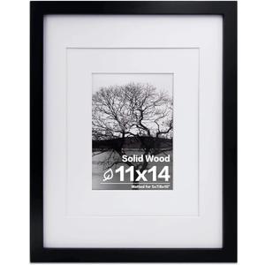 Egofine 11x14 Picture Frame Black - Photo Frame Made of Solid Wood Covered by Plexiglass for Table Top Display Pictures 5x7/8x10 with Mat or 11x14 Without Mat with Wall Mounting Hardware