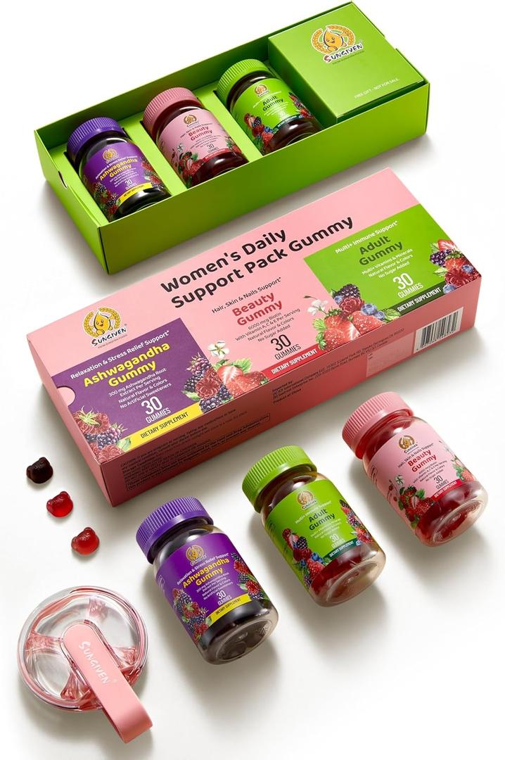 Women's Multivitamin Gummy Pack, 3 Support for Hair Skin Nails Sleep Daily Health, Vitamins A, D, C, E, Biotin, Ashwagandha, Folic Acid, Adult Chewable Vitamin, Berry Flavor, 15 Day Supply - 90 Count