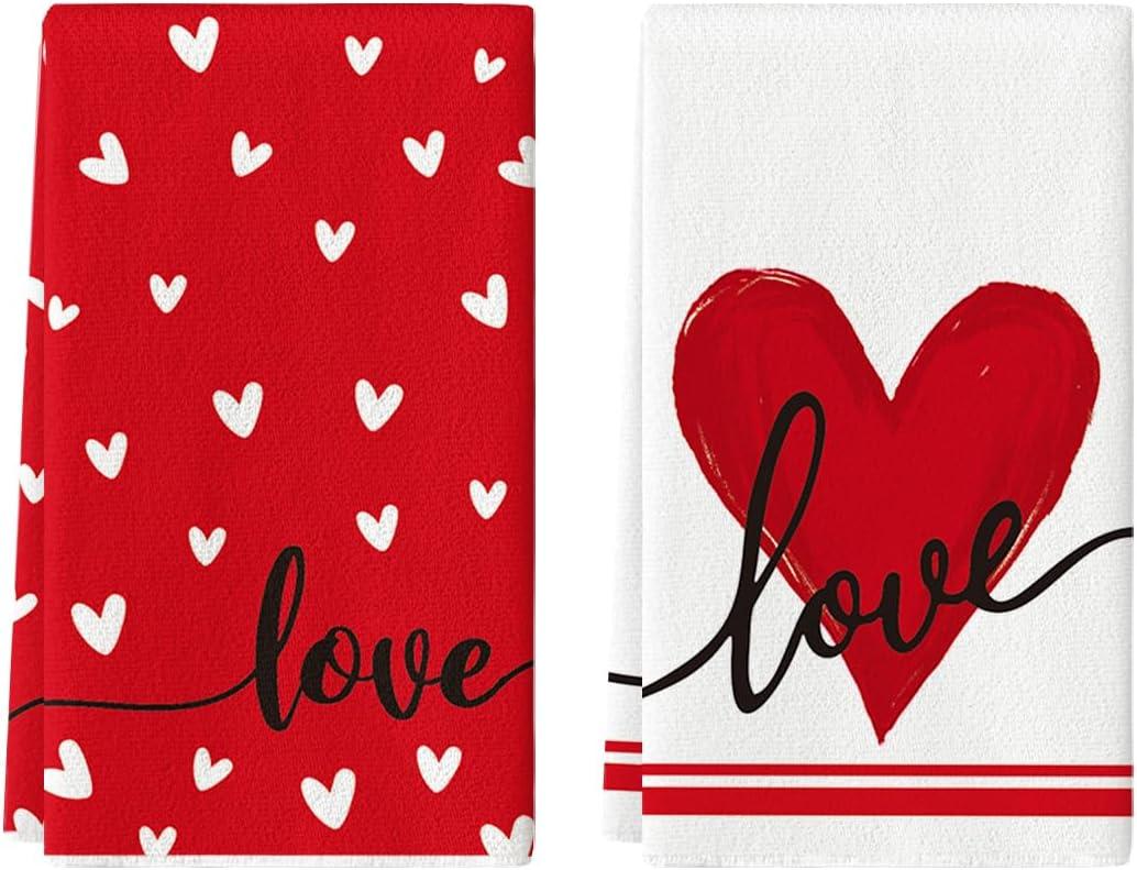 Artoid Mode Red Heart Love Kitchen Towels Dish Towels, 18x26 Inch Anniversary Wedding Farmhouse Decoration Hand Towels Set of 2