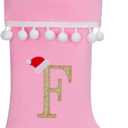 19 Inch Pink Velvet Stockings, Personalized Christmas Stocking, Embroidery Initial with White Pom Pom Trim, Holiday Fireplace Mantel & Xmas Party Decor, Letter F
