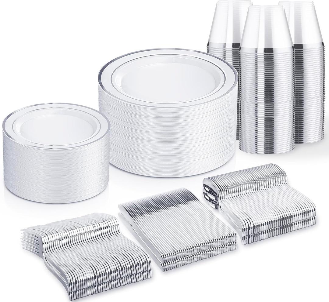 WELLIFE 450 PCS Silver Disposable Dinnerware Set for 75 Guests, Silver Plastic Plates for Party, Including 75 Dinner Salad Plates, Cups, Forks Knives Spoons for Wedding and Party Supplies