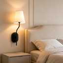Modern Cone Linen Sconce, Curved Arm Hardwired Wall Lamp for Bedroom, 8.25" W x 20.75" H