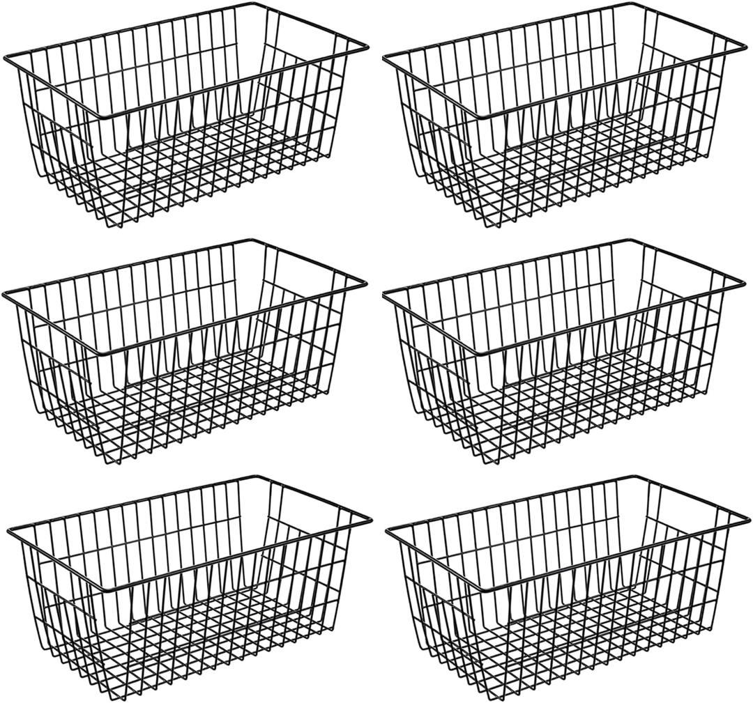 15.2" Metal Wire Baskets for Organizing 6 Pack, Household Pantry Storage Freezer Organizer Bins with Handles, Freezer Baskets for Upright Freezer, Refrigerators, Kitchen Cabinets, Black