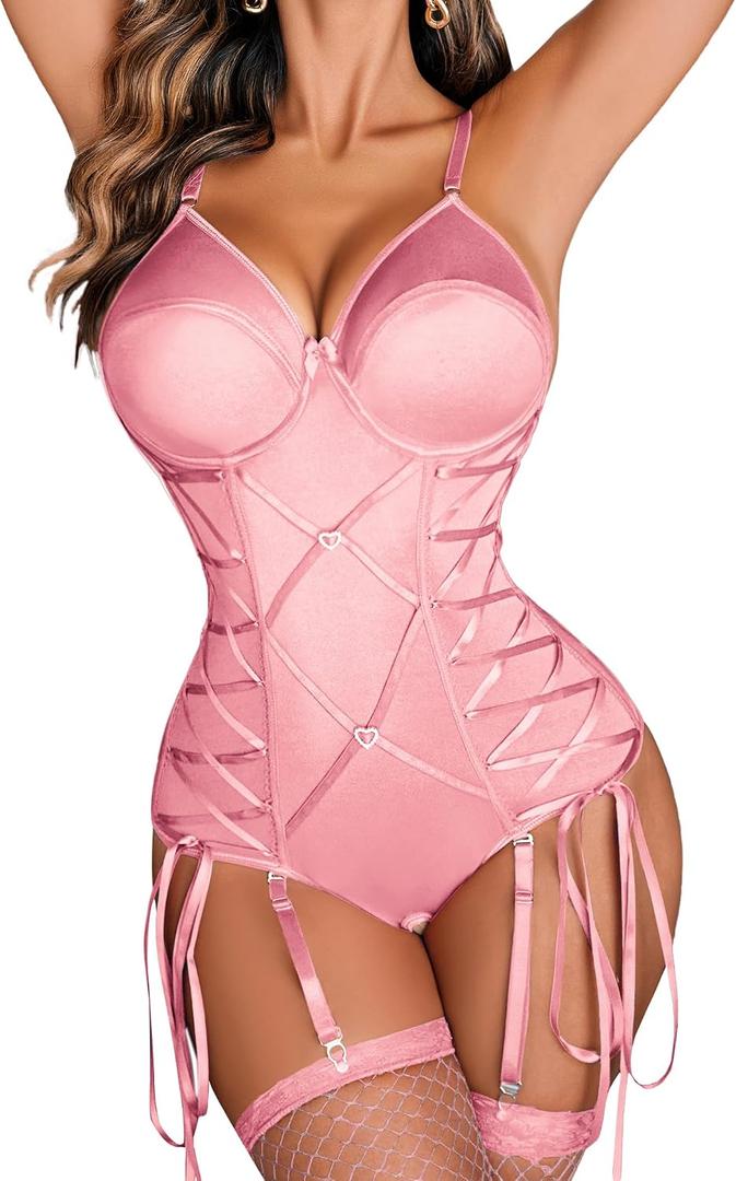 Avidlove Lingerie for Women Sexy Corset Garter Lingerie Set One Piece Teddy Bodysuit Boudoir Outfit (Pink, M)