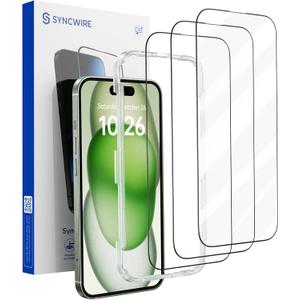 Syncwire 3 Pack Screen Protector for iPhone 16 / 15 Tempered Glass [9H, Easy Installation Frame, Bubble Free, Full Coverage, Sensitve, Clear, Case Friendly] for Apple Phone 15/16 6.1"