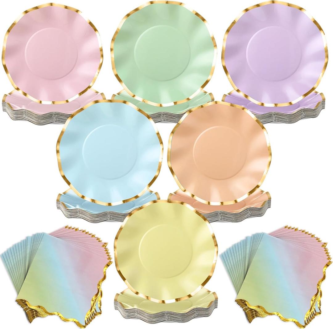 Havawish 48 Pcs Pastel Plates and Napkins Party Supplies 8'' Dessert Rainbow Paper Plates with Foil Edge Scalloped Tea Party Decorations Cake Disposable Dinnerware Set for Birthday Bridal Wedding