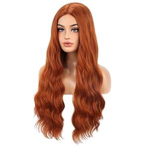 BERON Ginger Long Wavy Wig for Women Dark Orange Middle Part Curly Wave Heat Resistant Synthetic Hair Wigs for Cosplay Party Daily or Use