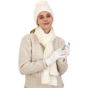 Double Couple 3pcs Winter Women scarf and hat and Touch Screen Gloves Set for Women Knit Hat with Faux Fur Ball Scarves Glove (White)